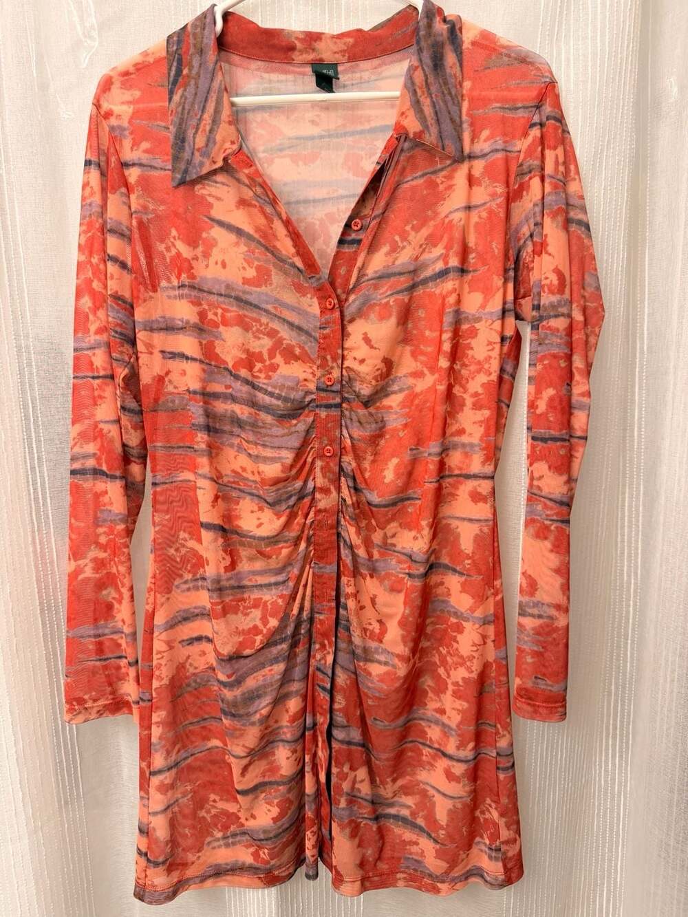 Wild Fable Long Sleeve Button-Front Mesh Dress Size L Orange Tie-Dye